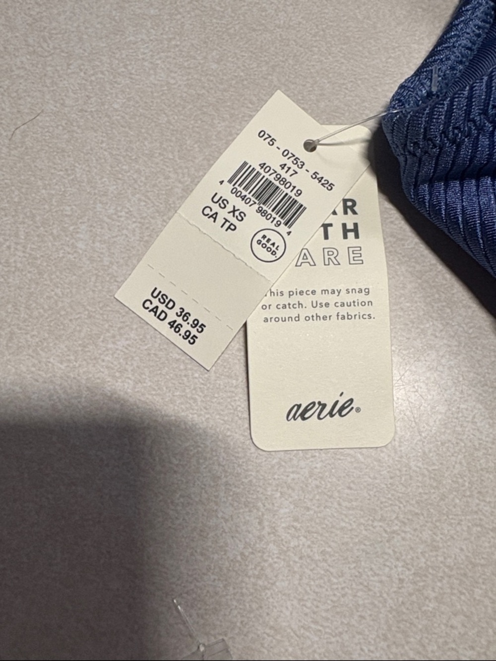 aerie Blue Ribbed High-Waist Bikini Set top XS bottom M - Picture 4 of 6